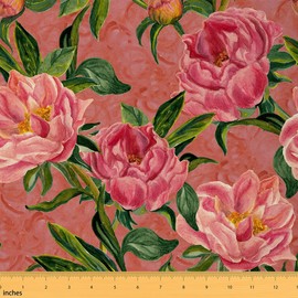 Retro Flower Waterproof Fabric by The Yard Pink Floral Rustic Style Decorative Fabric for Upholstery and Home DIY Projects Graffiti Green Leaves Plant Outdoor Upholstery Fabric,1 Yard