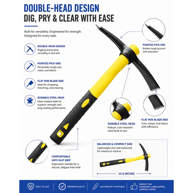Double-Head Garden Pickaxe for Digging and Soil Loosening – Compact