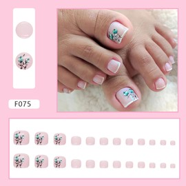 Vezocim Press on Toenails with Green Flower Designs, Artificial French Fake Nails for Toe, Glossy Full Cover Square Acrylic False Nails, Glue on Toenails with Charm, Stick on Toe Nails for Women