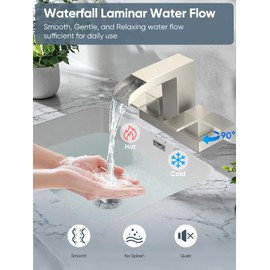 Cobbe Waterfall Bathroom Faucets 3 Hole, Brushed Nickel Bathroom Sink Faucet Square 4 Inch Centerset with Pop-Up Drain, 2 Handle and 2 Supply Hoses, Lead-Free Stainless Steel for Vanity Sink Rv