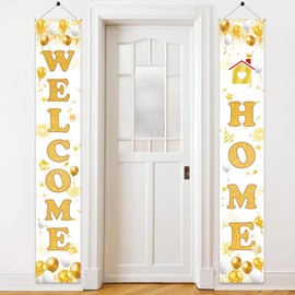 Welcome Home Decorations Door Banners - 2 Piece White Gold Retirement Family Door Porch Sign Banner for Women, Welcome Back Theme Party Supplies for Baby Girl Boy