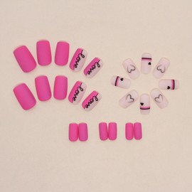 Hot Pink Press on Nails Valentine Nails Prss ons Hollow out Heart Fake Nails with Designs Matte Black False Nails Square Shape Glue on Nails Short Stick on Nails Line Love Artificial Nails for Women