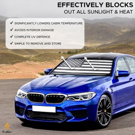 EcoNour Black American Flag Patriotic Car Sun Shade Windshield | Robust 240T Polyester Material Front Sun Visor for Car Windshield Pouch | 99% UV Protection for Car Truck & SUV | Medium 64 x 32 Inches