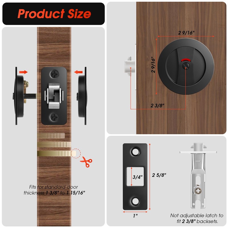 Aglehome Matte Black Pocket Door Hardware with Indicator, Contemporary Privacy
