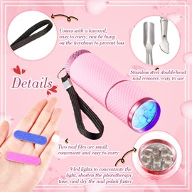 4 Pack Mini Handheld UV LED Nail Lamp Nail Cuticle Pusher with 2 Pieces Files Portable Manicure Tool UV Fingernail Dryer Polish Glue Gel with 9 LED for Woman Home Salon DIY Outside Fast Drying(Pink)