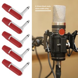 YINETTECH 5pcs 1/4" 6.35mm Mono TS Jack Plug 90 Degree 2 Pole Nickel Male Connector for Microphones Earphones Audio Video AV PC(Red)