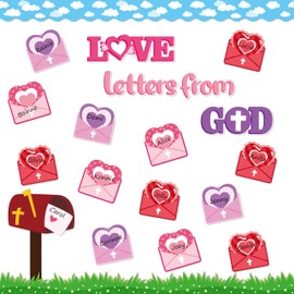 BeYumi 87Pcs Valentine's Day Love Letters from God Cutouts Bulletin Board Decoration Set February Christian Faith Religious Heart Name Tag Border Trim Sunday School Classroom Chalkboard Church Decor