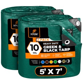 Heavy Duty Poly Tarp - 5' x 7' (2-Pack) - 10 Mil Thick Waterproof, UV Blocking Protective Cover - Reversible Green and Black - Laminated Coating - Grommets - by Xpose Safety