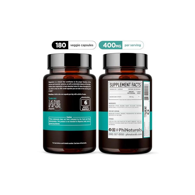 Citrato de Magnesio 400 mg 180 cápsulas por Phi Naturals
