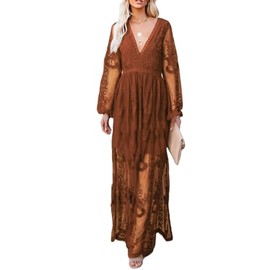 LRISES Women V Neck Fall Floral Embroidered Lace Maxi Wedding Dress Long Sleeve Slit Wedding Guest Formal Party Dresses Burnt Orange