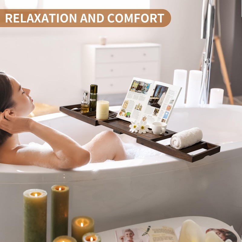 FLYJOE Wood Bathtub Tray Table - Foldable Bath Tray for