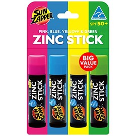 Sun Zapper SPF 50+ Zinc Stick Fotoprotector Mineral en barra Paquete "Arcoiris" (Rainbow Pack) con 4 Fotoprotectores (Rosa/Azul/Amarillo/Verde)
