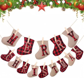 dinghaole Merry Christmas Stocking Banner, Sock Shaped Christmas Burlap Banners, Christmas Flags Hanging Decorations, Outdoor Indoor Vintage Hanging Decorations, for Christmas Party Wall Tree
