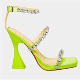 Betsey Johnson Perry Citron Neon Green Rhinestone Strappy Heels Size 8 and 8.5