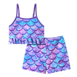 Girls Swimming Costume Two Piece Tankini Set (UK, Numeric, 130, Regular, Purple)