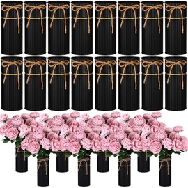 Mimorou 16 Pcs 7. 48 Inch Vases for Centerpieces Mason Jars with Twine Bow Galvanized Metal Flower Vase Rustic Vintage Farmhouse Tin Bucket Decor for Artificial Flowers Wedding Home Table (Black)
