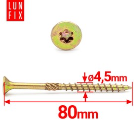Lun Fix Chipboard Screws 4.5 x 80 mm | Pack of 200 | TX20 (I-Star) - Countersunk Head/Milling Ribs | Yellow Galvanised | Torx Screws | Wood Screws | Universal Screws | Countersunk Screws