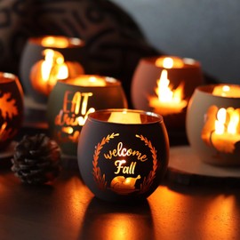 SHMILMH Thanksgiving Votive Candle Holder Set of 12, Glass Tealight Votives Holder with 6 Laser Engraving Patterns, Fall Table Centerpiece Indoor Outdoor Decor