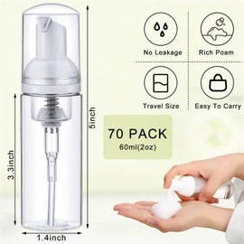 70 Pcs 2 oz Plastic Foam Soap Dispensers Refillable Lash Shampoo Bottles with Pump Mini Eyelash Cleaning Foam Bottle Dispenser for Refillable Travel Cosmetics (Transparent)