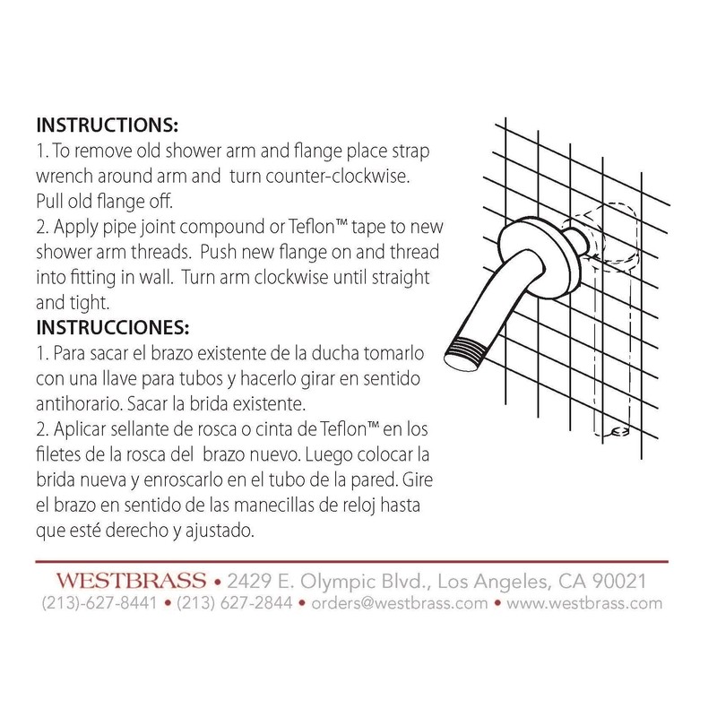 Westbrass 1/2" IPS x 10" Shower Arm with Sure Grip