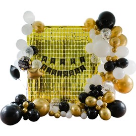 Happy Birthday Supply Kit:112 balloons,gold/black/white 3 sizes, clear latex with black/gold confetti dots, improve party decor with our 12 essential party accessories