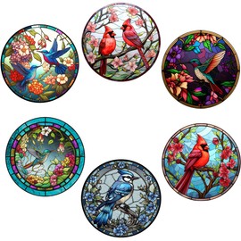 Cute Bird Coaster Set of 6 Flower Drink Coasters, Absorbent Ceramic Coaster Coffee Kitchen Coasters Floral Hummingbird Stained Colorful Modern Coasters for Decorative Bar Coasters Tea Table