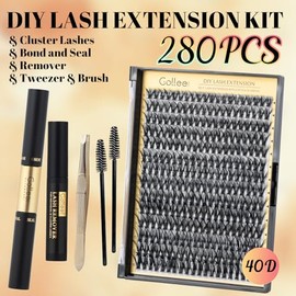 Kit de extensiones de pestañas individuales, 280 unidades, rizo en D de 9 a 16 mm, con pegamento para pestañas, sellador, resistente al agua y aplicador de pestañas de Gollee