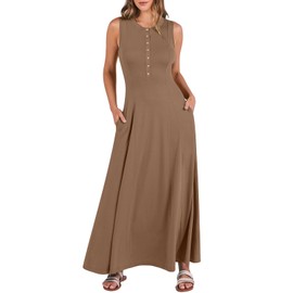 ANRABESS Women Summer Casual Sleeveless Maxi Sundress Button Fit & Flare A-Line Flowy Long Dresses 2024 Beach Outfits Brown Medium