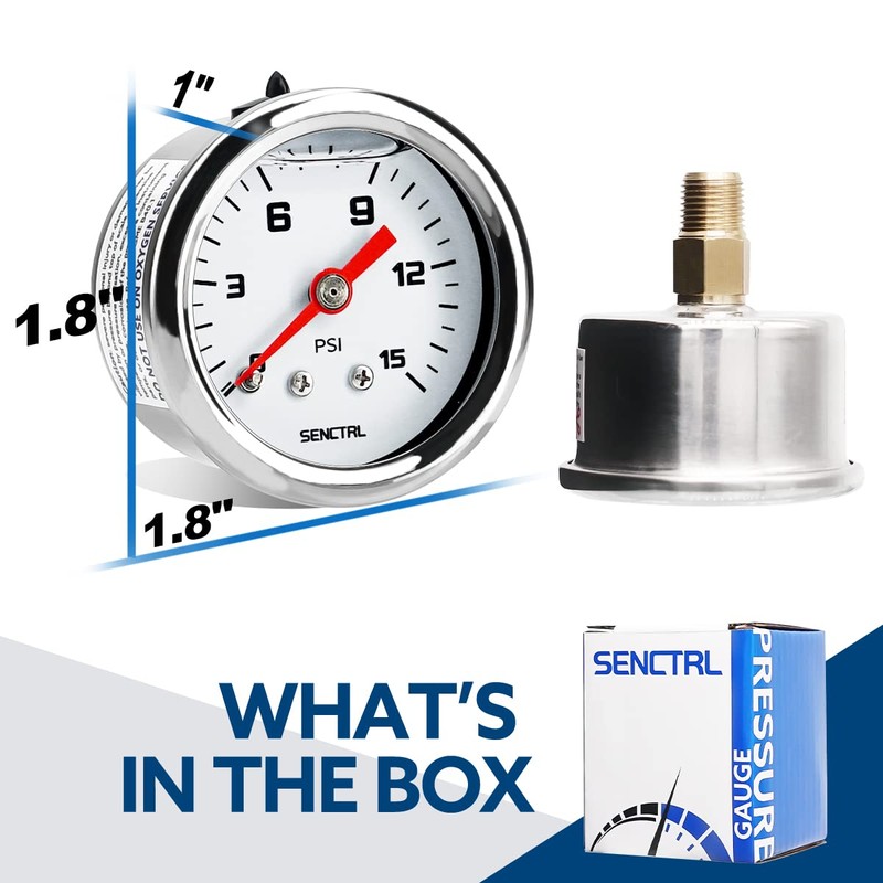 SENCTRL 0-15 Psi Fuel Pressure Gauge, 1-1/2" Dial Size, 1/8"