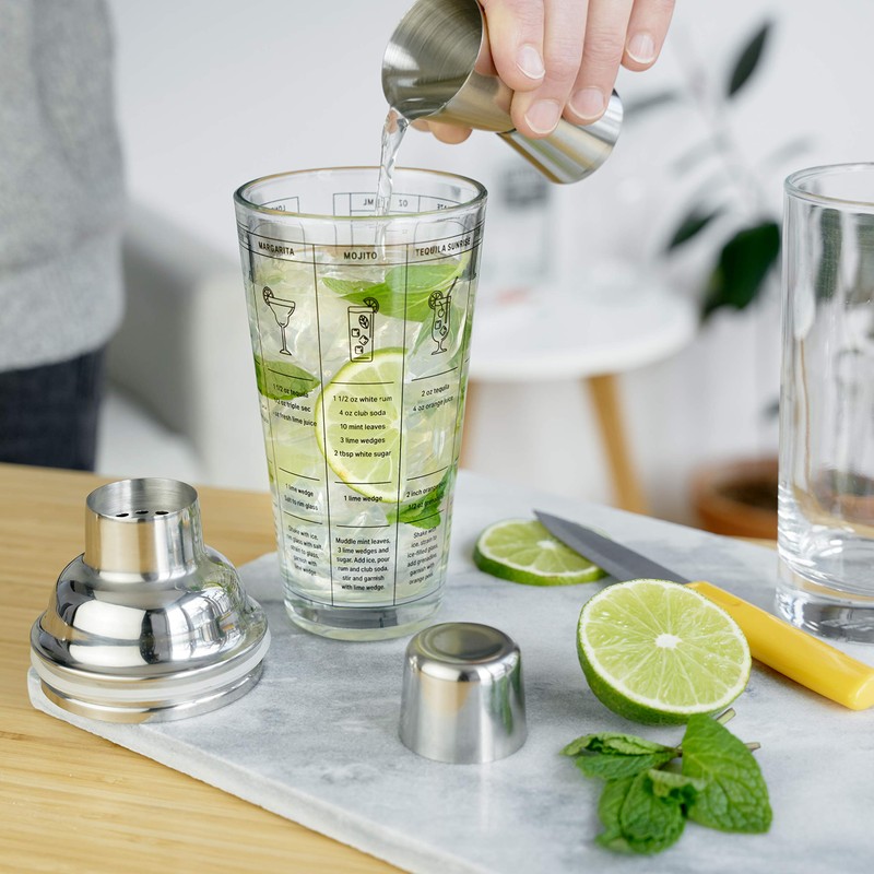 True Glass Cocktail Shaker with 7 Classic Recipes and Measurements