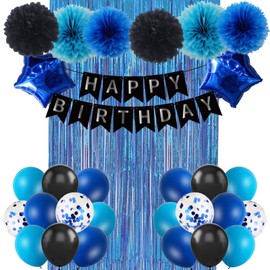 JCitimix Blue and Black Birthday Decorations, Happy Birthday Boy Decorations with Banner Pompoms Curtains Blue Birthday Decorations for Men Women Boys and Girls