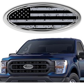 Ford F-Series American Flag Emblem, 9 Inch Front Adhesive Grille & Tailgate Badge, Aluminum Overlay (Gray)