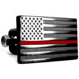 MULL USA Flag Metal Trailer Hitch Cover with Anti-Rattle Hitch Pin Bolt (Fits 2" Receivers, Black with Red line)