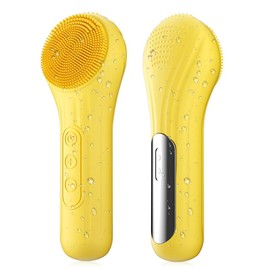 Silicone Face Scrubber, Facial Cleansing Brush with Heating and Vibration, Electric Waterproof Face Wash Brush with 5 Strength Adjustable for Exfoliating, Deep Cleaning, and Face Massaging (Yellow)