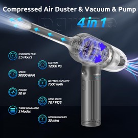 RealPlus 4 in 1 Compressed Air Duster & Vacuum Cleaner & Pump, 12000Pa 7500mAh 3 Speeds Rechargeable Brushless Electric Duster, Cordless Air Blower with LED Light for Keyboard Computer PC Car