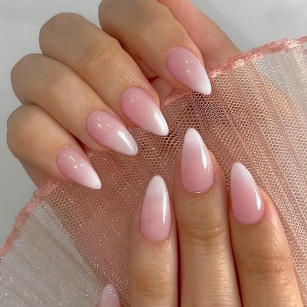 Gradient Pink Press On Nails Medium Short Almond,Ombre Fake Nails