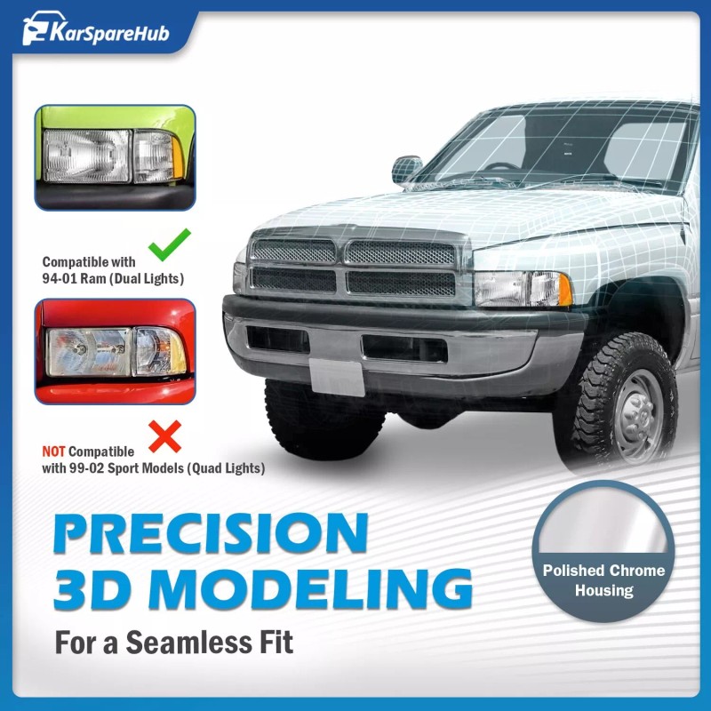 karsparehub Chrome Headlights For 1994-2002 Dodge Ram 1500 2500 3500