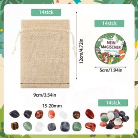 Kaisibum Set of 14 Lucky Stones, Colourful Muggle Stones with Beige Bag and "My Magic Lucky Stone" Forest Animals Greeting Cards for Party Bag Stone, Lucky Charm, Children's Birthday, Party Favours