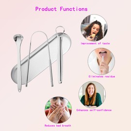3 PCs Stainless Steel Tongue Scraper, Metal Tongue Cleaning Tools for Oral Hygiene, Fresh Breath and Bad Breath Treatment, Reusable Tongue Care for Adults and Kids, with Storage Box - Silver