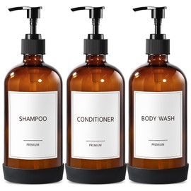 GMISUN Glass Shampoo and Conditioner Dispenser with Silicone Boot, Shower Soap Dispenser Bottles with Labels, Refillable Shampoo Conditioner Body Wash Dispensers