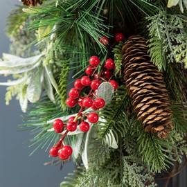 Glitzhome 26" Christmas Teardrop Door Swag with Berries, Xmas Pinecones Bells Frosted Green Pine Needle Garland for Front Door Indoor Holiday Decor