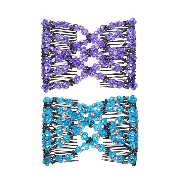 FXBLING Magic Beads Easy Combs Double Stretching Combs Clips, perfect for Easy Ponytails, UpDos and Twists, Thick and Thin Hair, New Hair Accessory for Popular Hairstyles (Purple & Light blue)
