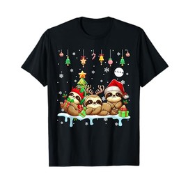 Three Santa Claus Reindeer Elf Sloths Christmas Animal Lovers Children's T-Shirt, black