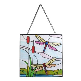 WANFSOWO Dragonfly Stained Glass Window Hanging, Dragonfly Suncatcher Panel with Metal Chain for Wall or Windows, Great Gifts for Mom Grandma Friend(Rectangular 8 * 8 Inches)