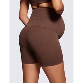 CRZ YOGA Women's Butterluxe 4" Maternity Shorts Over The Belly - Over Bump Yoga Sports Biker Shorts Pregnancy Leggings Coffee Brown 16