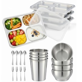 Jinei 20 Pcs Stainless Steel Dishes Set 4 Stainless Steel Plates, 4 Bowls, 4 Cups, 4 Spoons, 4 Forks, Dishwasher Safe, Durable Dining Set for Home Travel Camping (Fine)