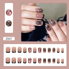 FOXIIU Press on Nails Square Short French Glossy Full Cover Acrylic Short Square Shaped False Nails with Floral Butterfly Designs Artificial Square Fake Nails with Glue Stick on Fingernails for Women