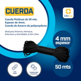 24tarpp SOGA 4MM Cuerda Uso RUDO Cordon Lazo para Instalar Malla Sombra SOGA para INSTALACION DE Lonas Y TOLDOS Cuerda para Amarre Multiusos Negra 4MM 50Mts