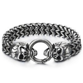 COOLSTEELANDBEYOND Gothic Mens Stainless Steel Skull Franco Link Curb Chain Bracelet with Spring Ring Clasp, Length 8.46", Width 0.43", Stainless Steel, not-applicable
