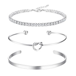 Dochais 14K Gold-Plated Bracelet Set for Women, 3 Pieces Golden Silver Tennis Bangles, Adjustable Jewellery Bangles Bracelets, Women's CZ Bracelet, Fashion Jewellery, Ideal for Women and Girls, Brass